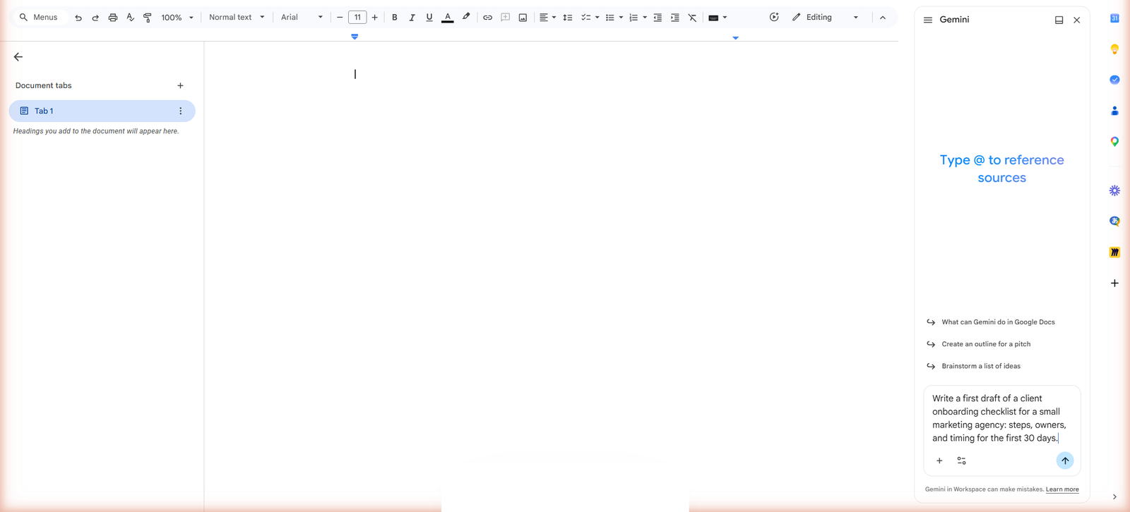The Gemini panel open in Google Docs, with its suggestions and a request in progress